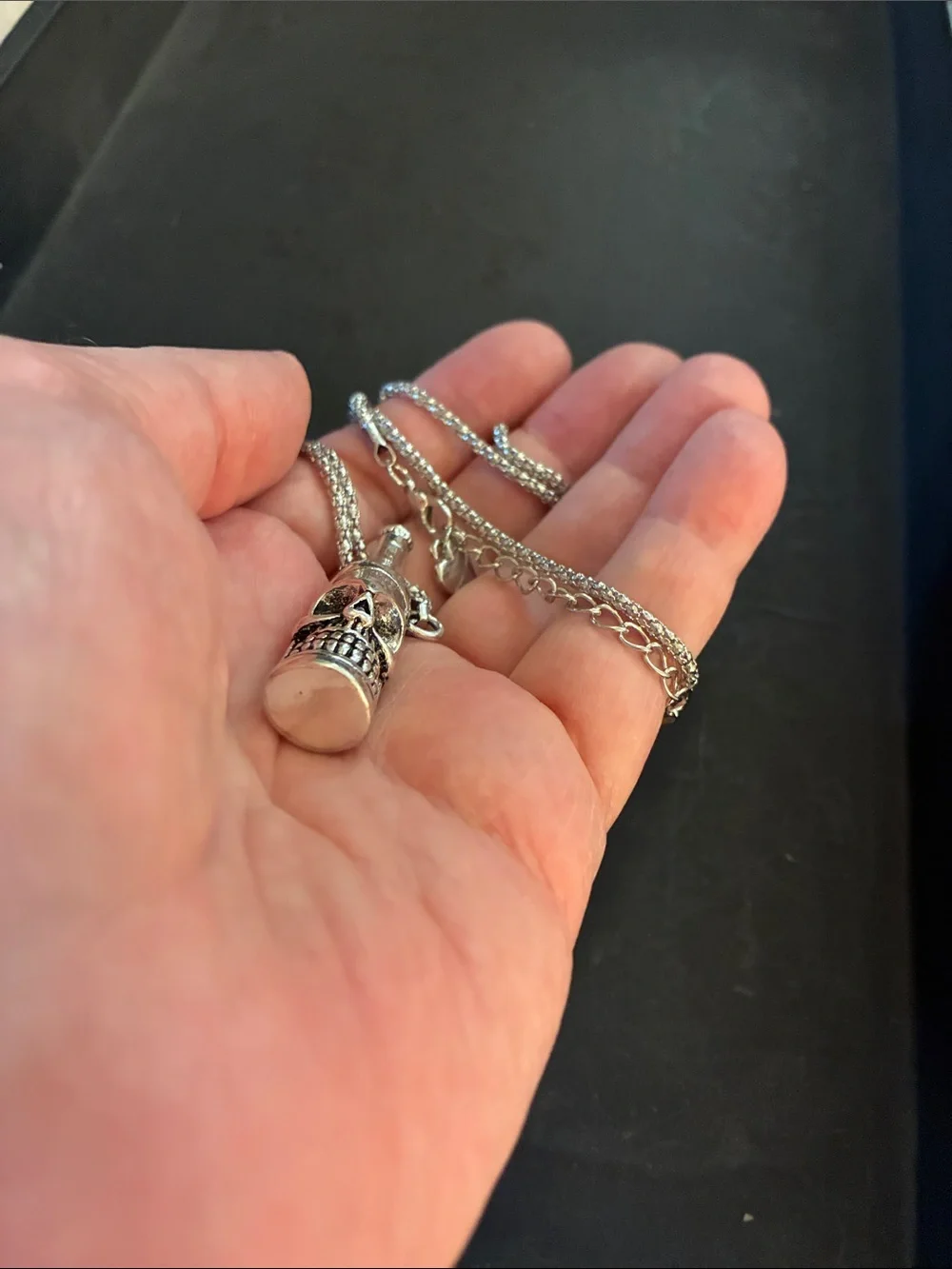Silver Tone Skull Bottle Pendant Necklace - And Bottle Opener
